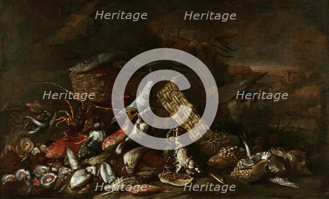 Still Life with Fish, ca 1675. Creator: Ruoppolo, Giovan Battista (1629-1693).