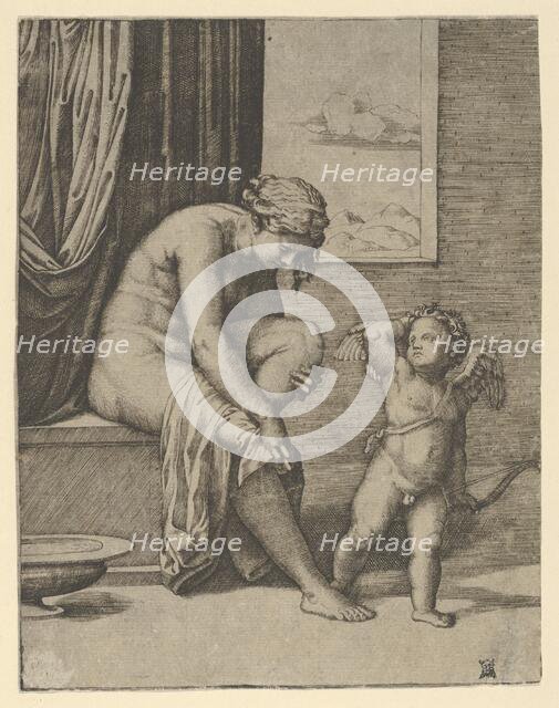 Venus drying her foot with a piece of drapery, Cupid in front of her, holding a bow..., ca. 1510-27. Creator: Marcantonio Raimondi.