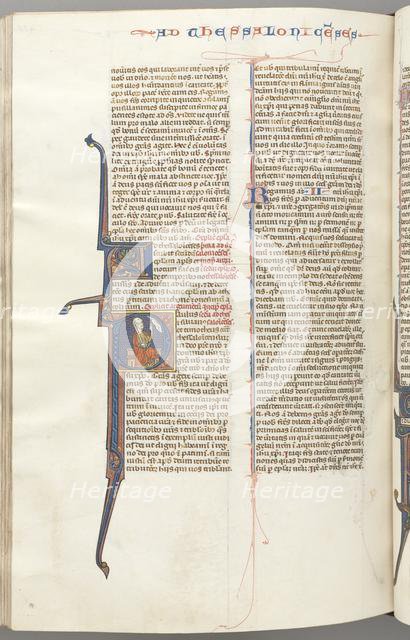 Fol. 455v, Thessalonians II, historiated initial P, Paul seated with a sword..., c. 1275-1300. Creator: Unknown.
