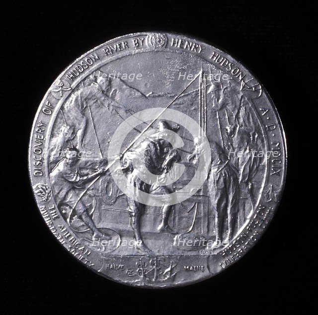 Medal showing Henry Hudson ascending the Hudson River to Albany in 1609. Artist: Unknown