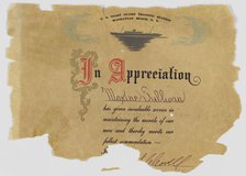 Certificate of Appreciation from US Coast Guard to Maxine Sullivan, 20th century. Creator: Unknown.