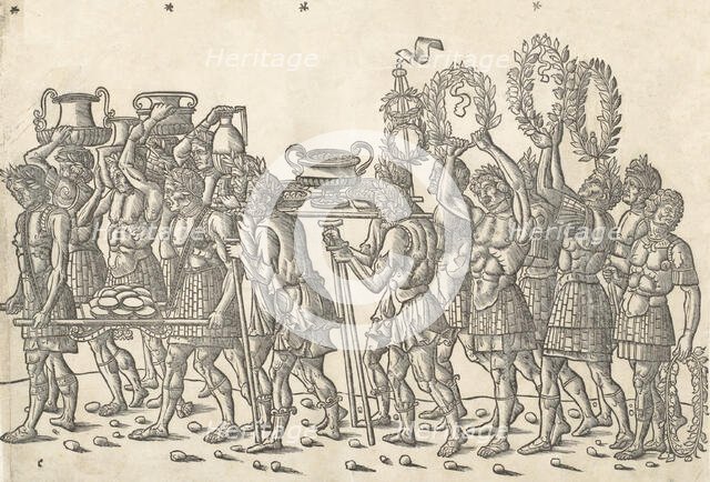Figures bearing trophies and and carrying wreaths, from 'The Triumph of Caesar', 1504. Creator: Jacob von Strassburg.