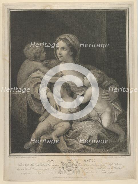 Charity seated nursing an infant, another sleeping on her lap and a third talking to her, ..., 1793. Creator: James Parker.