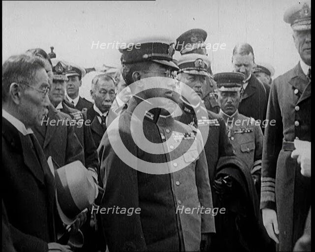 Japanese Prince Regent Hirohito Standing With Japanese Dignitaries on a State Visit to the..., 1921. Creator: British Pathe Ltd.