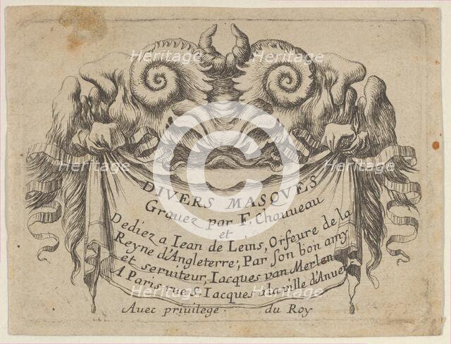Title Plate with Two Satyr Heads, from Divers Masques, ca. 1635-45. Creator: Francois Chauveau.