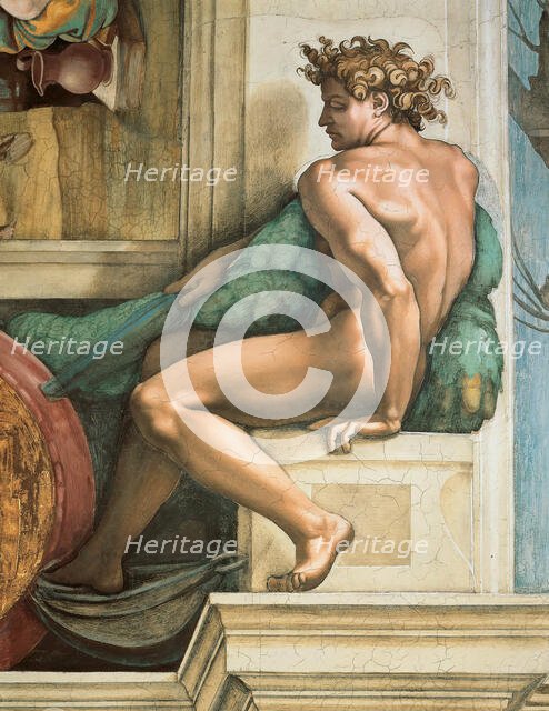 Ignudo (Sistine Chapel ceiling in the Vatican), 1508-1512. Creator: Buonarroti, Michelangelo (1475-1564).