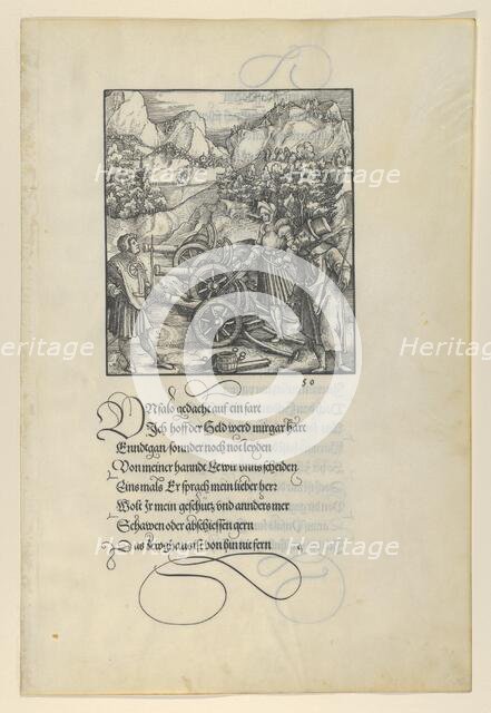 Unfalo Endangering Theuerdanck, Causing the the Explosion of Three Cannons, from Theuerdan..., 1517. Creator: Hans Schäufelein the Elder.