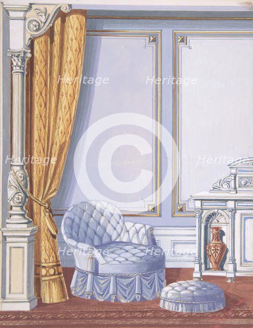 Interior Design for a Gray Curtained Alcove, with an Uphostered Armchair..., late 19th cent (?). Creator: Anon.