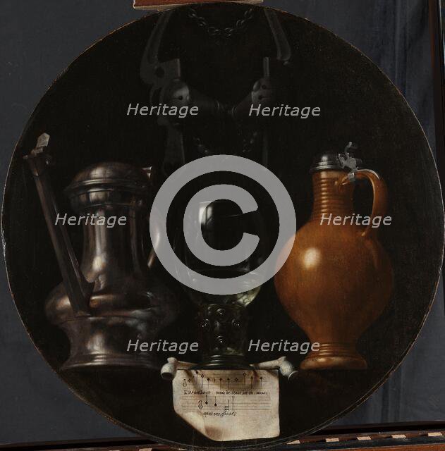 Emblematic Still Life with Flagon, Glass, Jug and Bridle, 1614. Creator: Johannes van der Beeck.