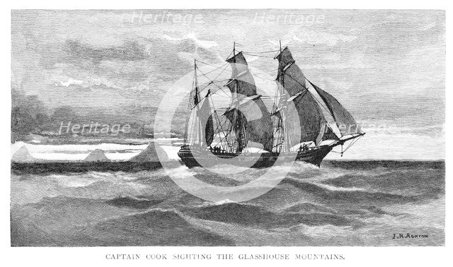 Captain Cook sighting the Glasshouse Mountains, 1770, (Queensland, Australia, 1886).Artist: Julian Ashton