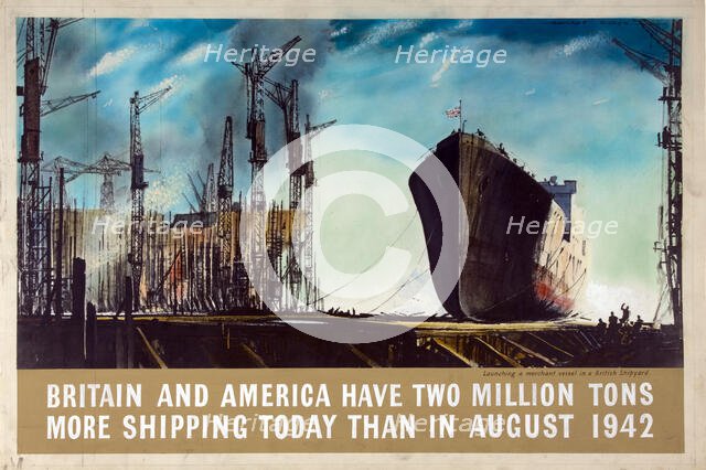 'Britain and America have two million tons more shipping...', WWII poster, between 1939 and 1946. Creators: Central Office of Information, Rowland Hilder.
