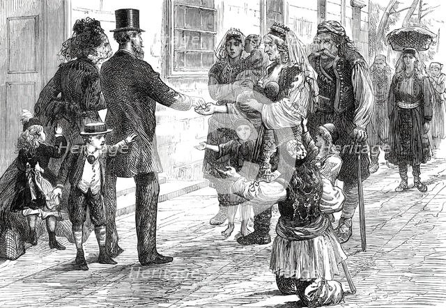 The War in the Herzegovina: Refugees begging outside an hotel at Ragusa, 1876. Creator: Unknown.
