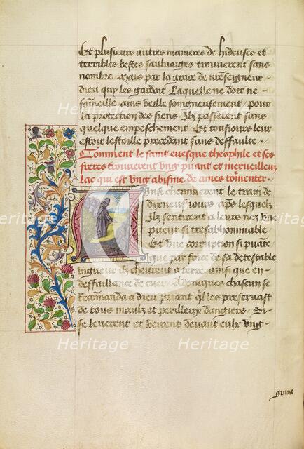 Initial A: Bishop Theophilus Speaking to Tortured Souls Arising from the Bottom..., about 1465-1470. Creators: Master of the Brussels Romuléon, Workshop of the Master of the Brussels Romuléon.