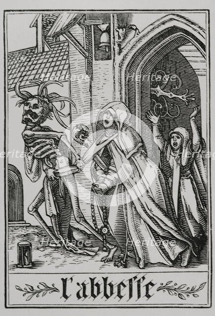 The Abbess visited by Death from "The Dance of Death", 1538, (1877). Creator: Unknown.