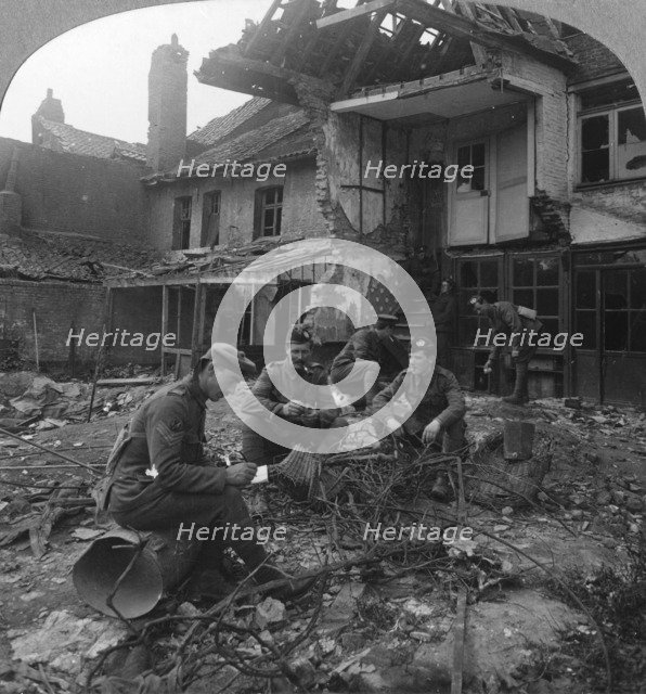 Houses damaged by German shellfire, Ypres salient, Belgium, World War I, c1914-c1918. Artist: Realistic Travels Publishers