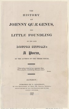 Title page, from "The History of Johnny Quae Genus, The Little Foundling of the Late Docto..., 1822. Creator: Thomas Rowlandson.