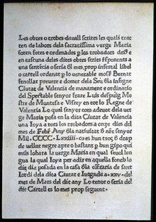 First sheet of the work 'Trobes en lahors de la Verge Maria', the first literary work... Spain, 1474 Creator: Unknown.