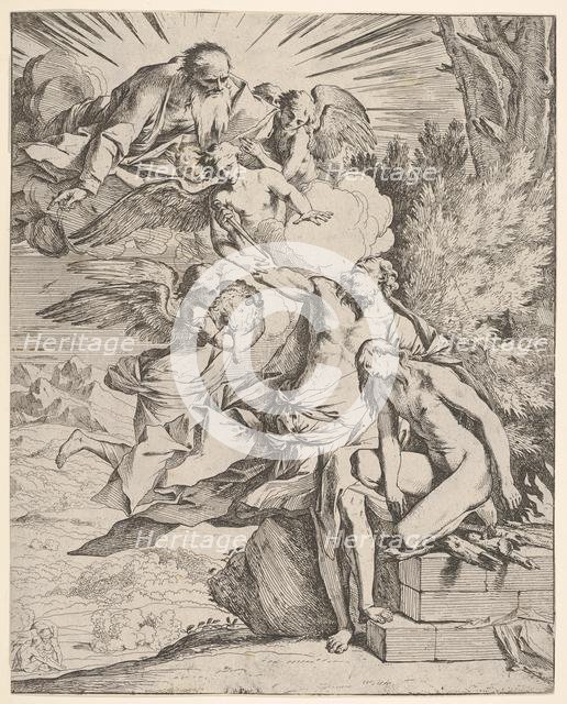 Sacrifice of Isaac: an angel presses against the dagger-bearing arm of Abraham, who ..., ca.1645-50. Creator: Pietro Testa.