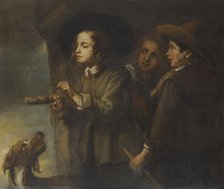 Three boys lighting a stick of gunpowder, 17th century. Creator: Cossiers, Jan, (Circle) (1600-1671).