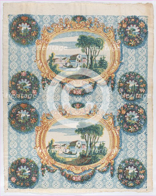 Sheet with two borders with landscapes within frames and wreaths, la..., late 18th-mid-19th century. Creator: Anon.