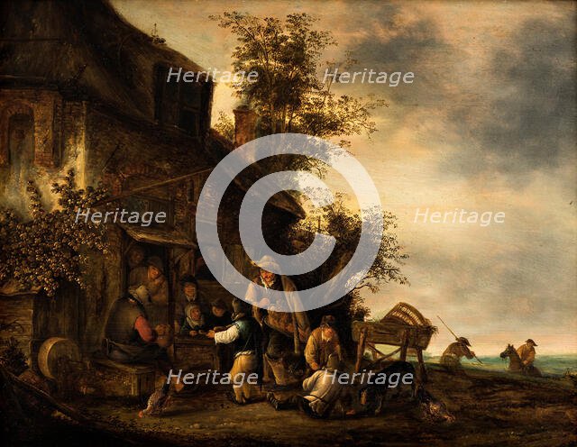 Scene with a hurdy-gurdy player and a boy violinist outside a tavern, 1675-1700. Creator: Gert van Hensen.