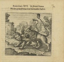 Emblem 16. This lion has no feathers, but that one has. From "Atalanta fugiens" by Michael..., 1618. Creator: Merian, Matthäus, the Elder (1593-1650).