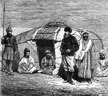The Mission to Yarkund and Kashgar: travellers' smoking-divan in a Kirghiz tent, 1874. Creator: Unknown.