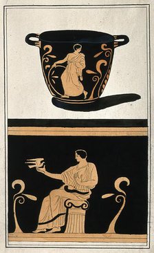 Above, a red-figured Greek wine bowl (krater); below, detail of the decoration showing a..., .1760-9 Creator: Augustin Dahlsteen.