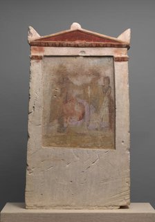 Painted limestone funerary stele with a woman in childbirth, late 4th-early 3rd century B.C. Creator: Unknown.
