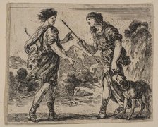 Cephalus and Procris, from 'Game of Mythology' (Jeu de la Mythologie), 1644. Creator: Stefano della Bella.