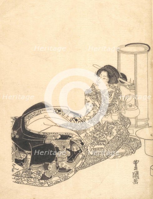 Courtesan or Actor as Courtesan Pouring Tea by the Light of a Lantern. Creator: Utagawa Toyokuni I.