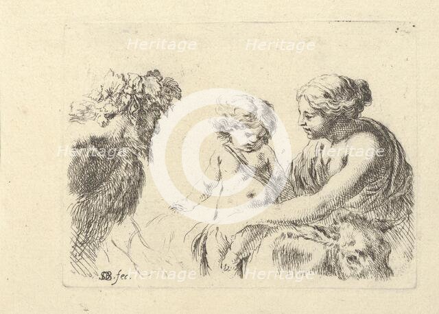 Plate 6: a woman at right holding her child who is sitting atop a donkey, a satyr at l..., ca. 1646. Creator: Stefano della Bella.