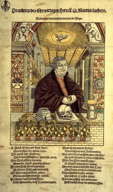 Coloured woodcut portrait of Martin Luther with verses in German, c1546.  Creator: Unknown.