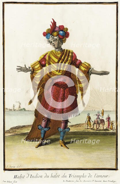 Recueil des modes de la cour de France, 'Habit d'Indien du Balet du Triomphe de l'Amour', 1703-1704. Creators: Jean Berain, Jean Lepautre, Jacques Le Pautre.