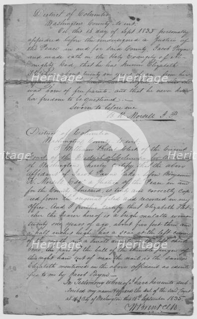 Affidavit certifying that Elizabeth Fletcher is a free woman, 1835-09-15. Creator: Unknown.