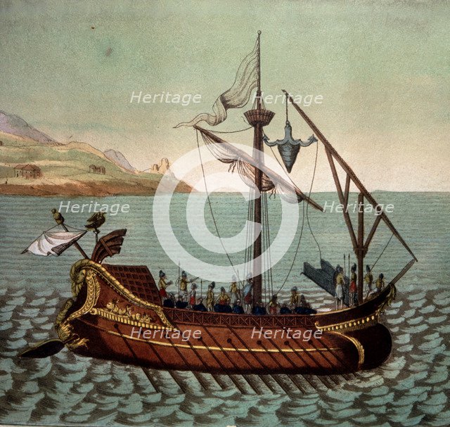Reconstruction of a Roman ship 'El Corvo di Duillio', from customs and manners of the people, Fer…