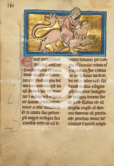 Samson Fighting a Lion; De Natura Avium; De Pastoribus et Ovibus, 1277 or after. Creator: Unknown.