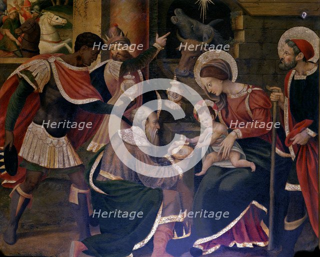 Adoration of the Magi, detail from the Altarpiece with scenes of the life of Christ on an altar o…