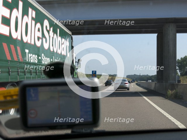 Passing Eddie Stobart truck on the A46 with satnav screen on windscreen