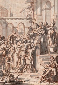 A man in religious clothing standing on a balcony is handing out money to the crowd below him. Creator: Le Sueur.