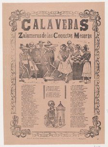 Skeletons (calaveras) dancing and drinking, corrida in bottom section, Ca. 1910., Ca. 1910. Creator: José Guadalupe Posada.