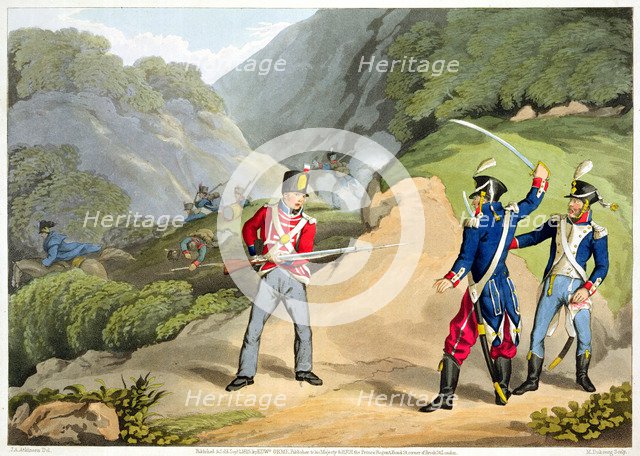 'A British soldier Taking Two French Officers at the Battle of the Pyrenees', 1813 (1816). Artist: Matthew Dubourg