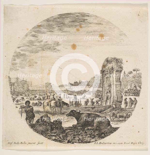 Plate 2: Campo Vaccino, a buffalo and two shepherds in center, the Fontanone to right ..., ca. 1646. Creator: Stefano della Bella.
