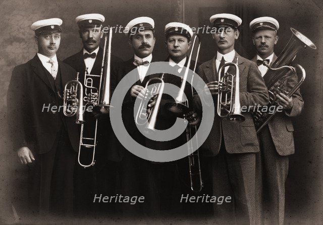Amorosa, musical sextet, with their brass instruments, Landskrona, Sweden, 1910. Artist: Unknown