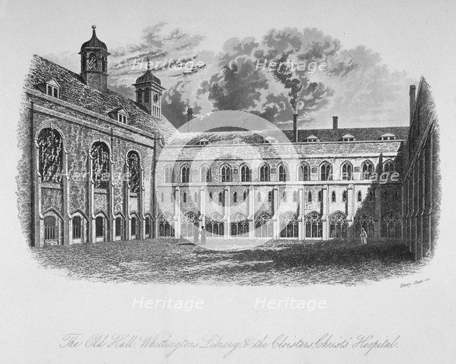 The Old Hall, Whittington's Library and the cloisters, Christ's Hospital, City of London, 1825. Artist: Henry Shaw