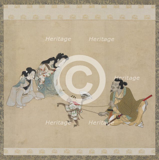 Monkey trainer and monkey performing a dance, Edo period, late 17th century. Creator: Unknown.