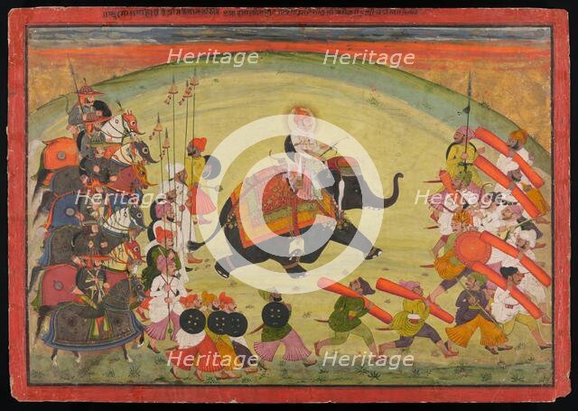 Maharao Guman Singh Riding an Elephant in Procession, dated 1770 (samvat 1827). Creator: Unknown.
