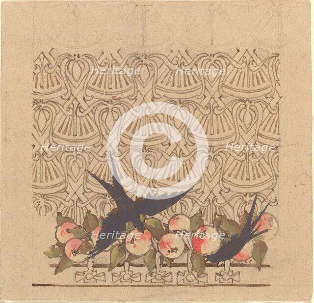 Ornamental design with two birds pecking at fruit, c.1890s. Creator: Karel Vitezslav Masek.