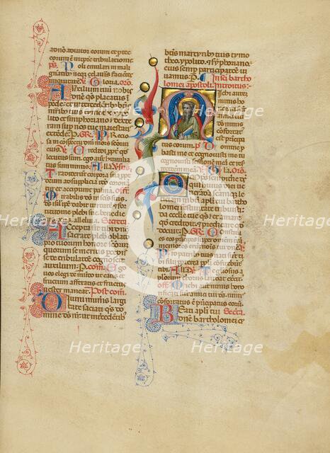 Initial M: Saint Bartholomew; Missal, between about 1389 and 1400. Creator: Master of the Brussels Initials.
