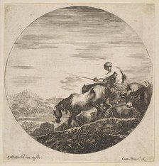 Herdsman on horseback drives animals, from 'Six animal subjects' (Six sujets d'animaux), ca. 1646. Creator: Stefano della Bella.